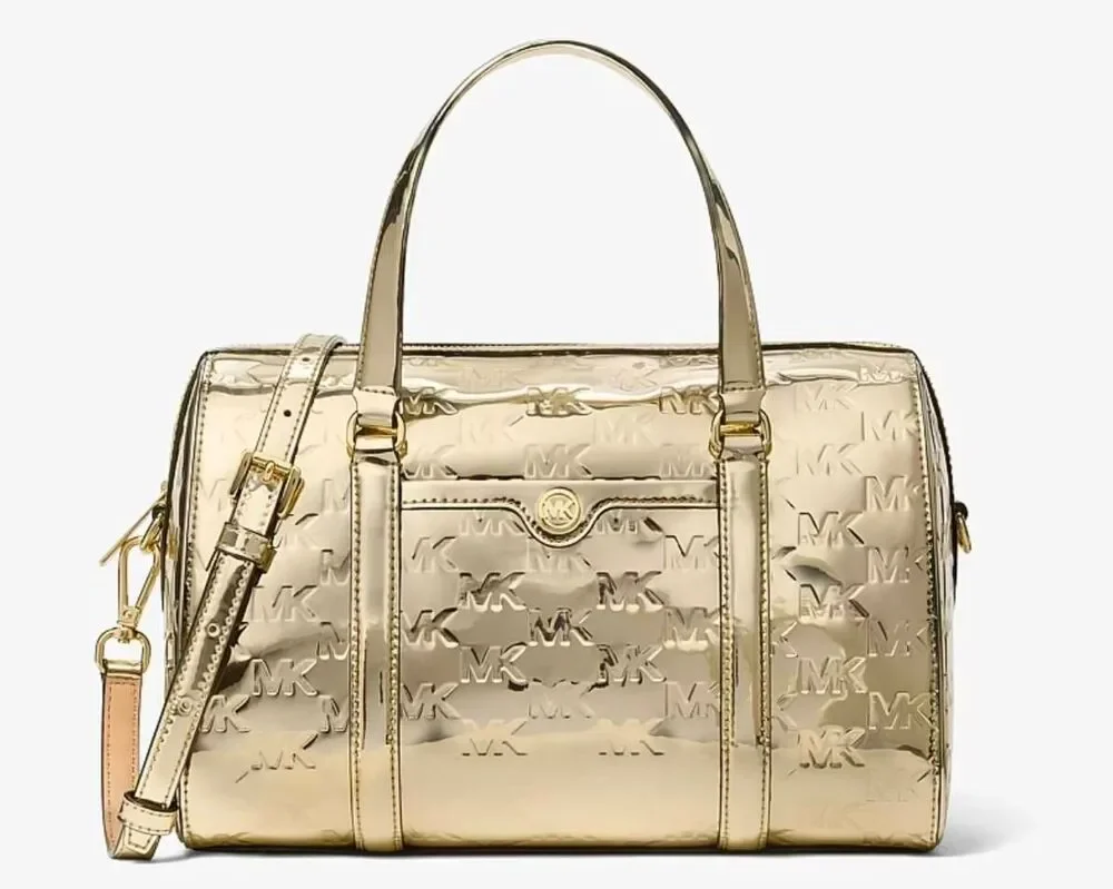 NWOT~MICHAEL KORS Jet Set Medium Metallic Logo Debossed Satchel in Pale Gold
